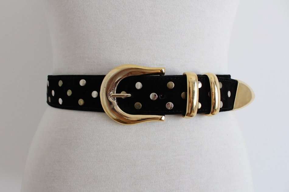 VINTAGE GENUINE SUEDE LEATHER BLACK STUDDED BELT