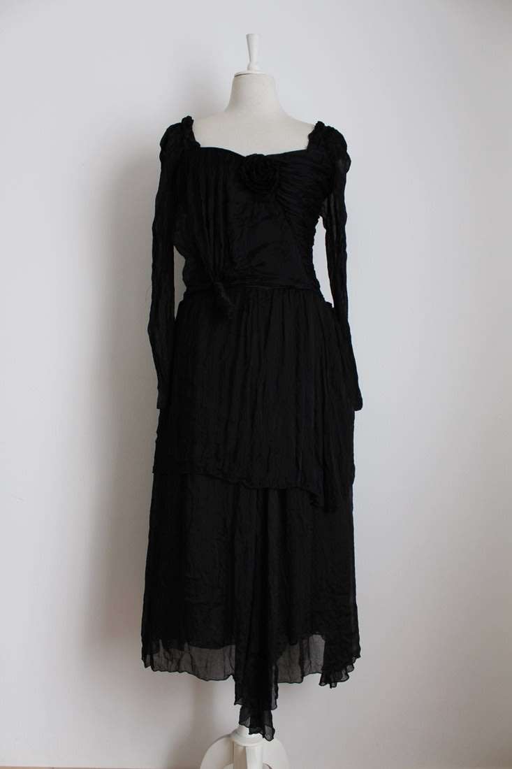 VINTAGE CHIFFON RUCHED BLACK TIERED COCKTAIL EVENING DRESS - SIZE 10