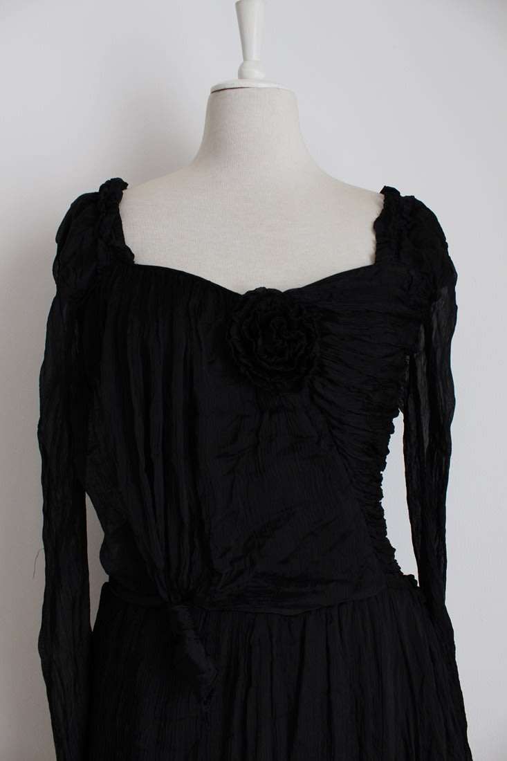 VINTAGE CHIFFON RUCHED BLACK TIERED COCKTAIL EVENING DRESS - SIZE 10