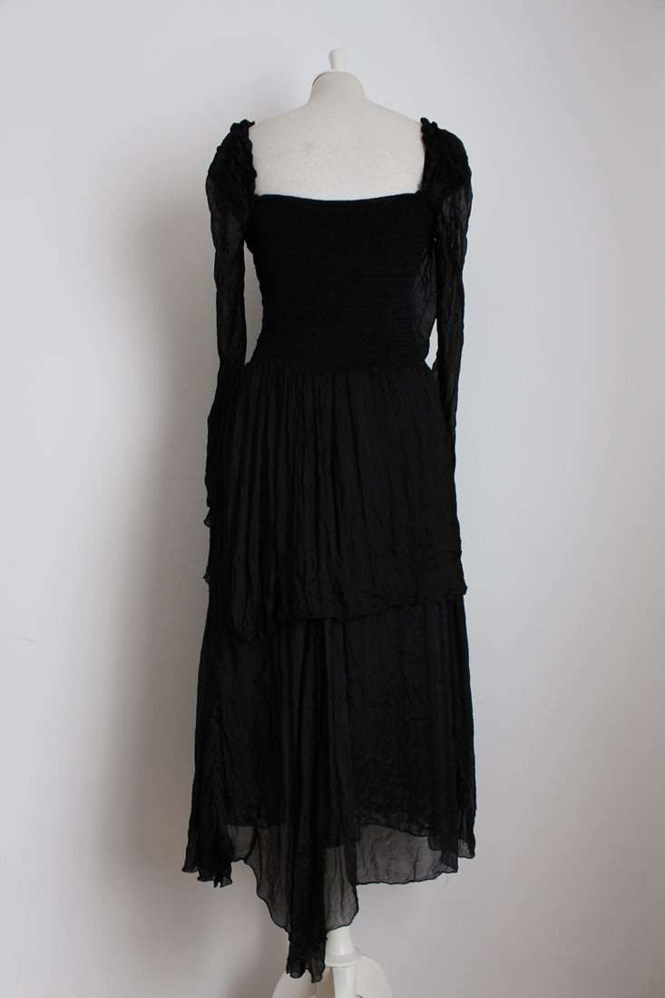 VINTAGE CHIFFON RUCHED BLACK TIERED COCKTAIL EVENING DRESS - SIZE 10