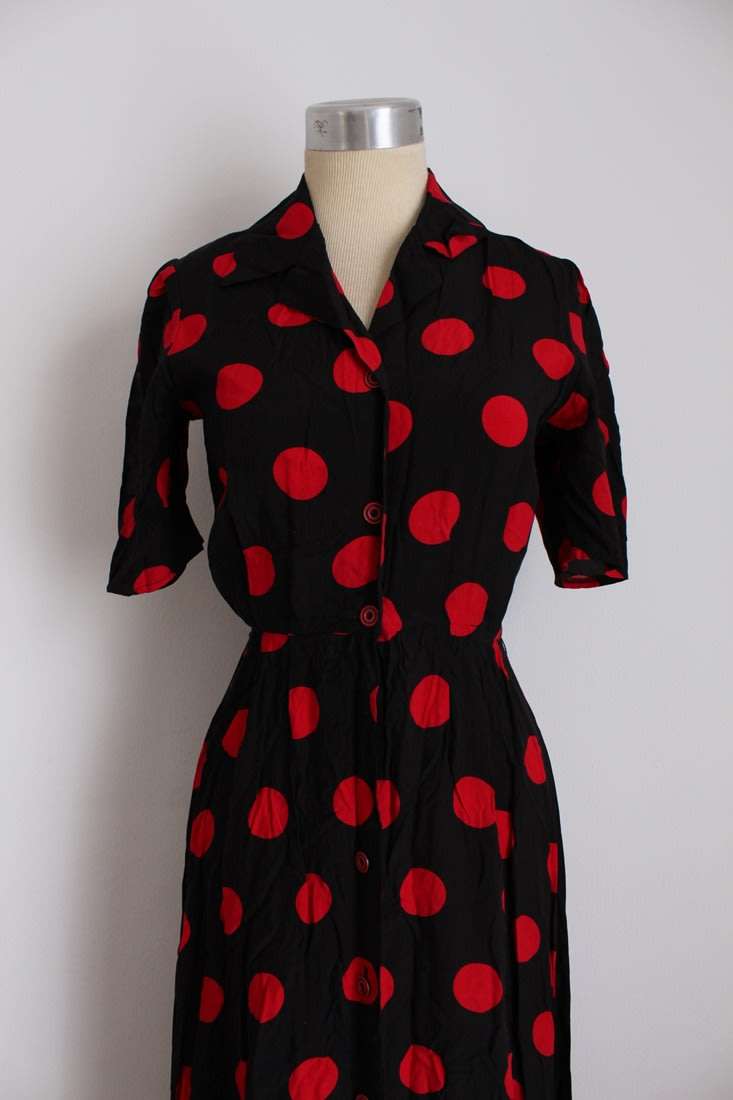 VINTAGE BLACK RED POLKA DOT PRINT BUTTON DOWN DAY DRESS - SIZE 8