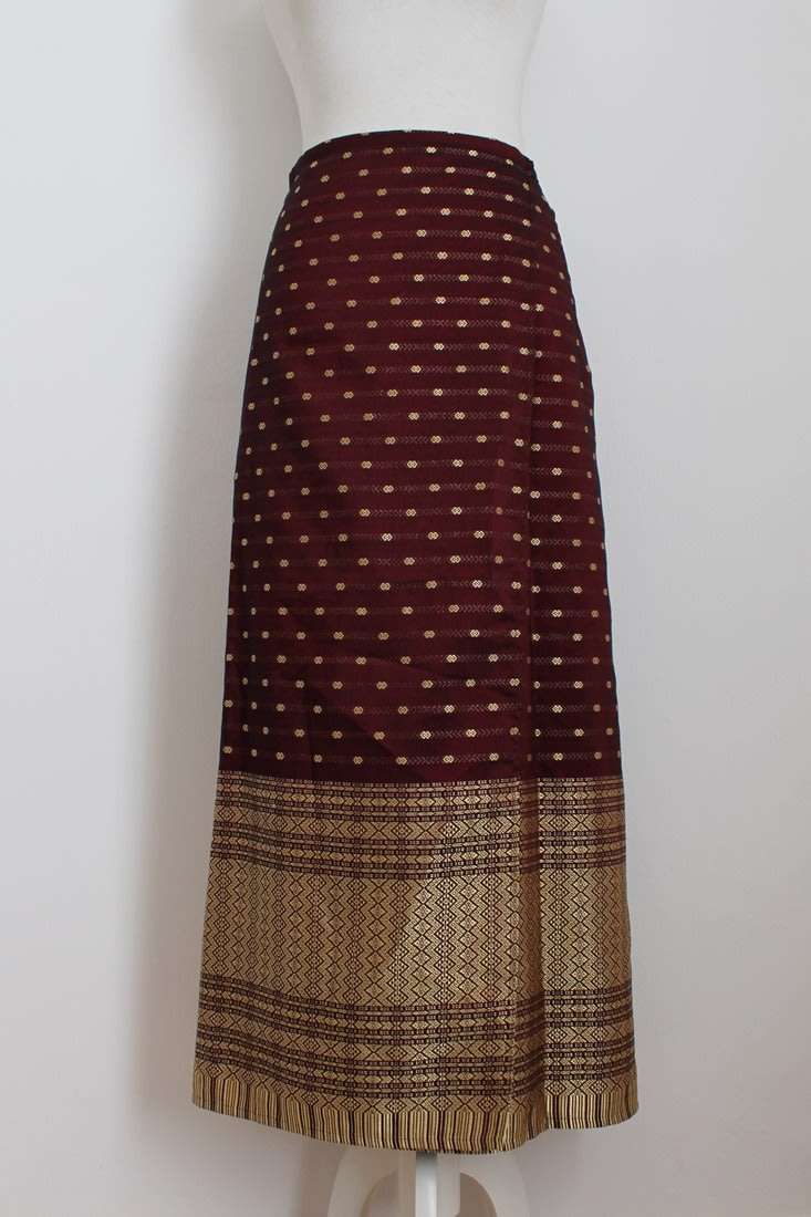 VINTAGE THAI SILK GOLD MAROON WRAP SKIRT - SIZE M