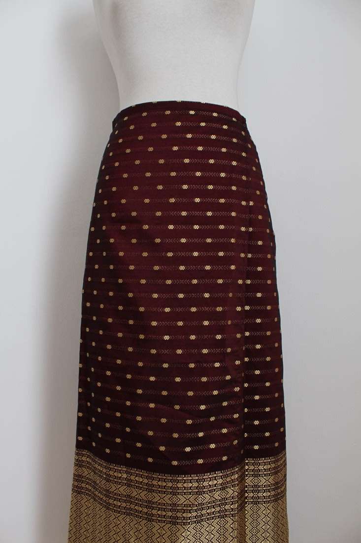 VINTAGE THAI SILK GOLD MAROON WRAP SKIRT - SIZE M