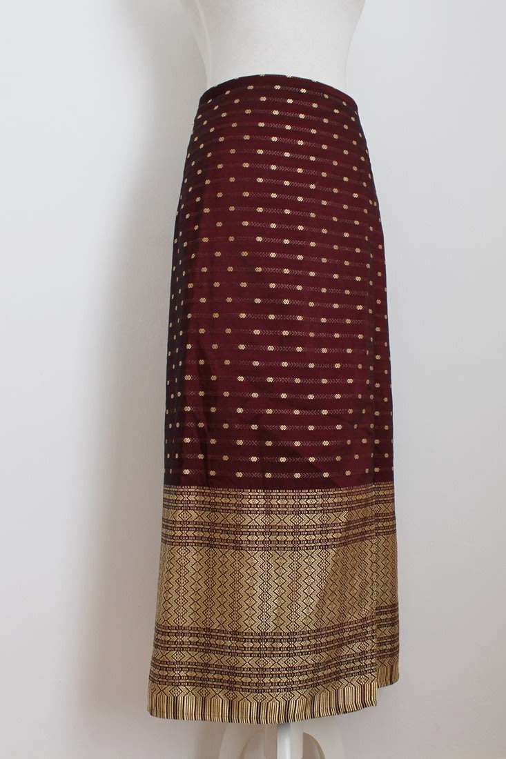 VINTAGE THAI SILK GOLD MAROON WRAP SKIRT - SIZE M