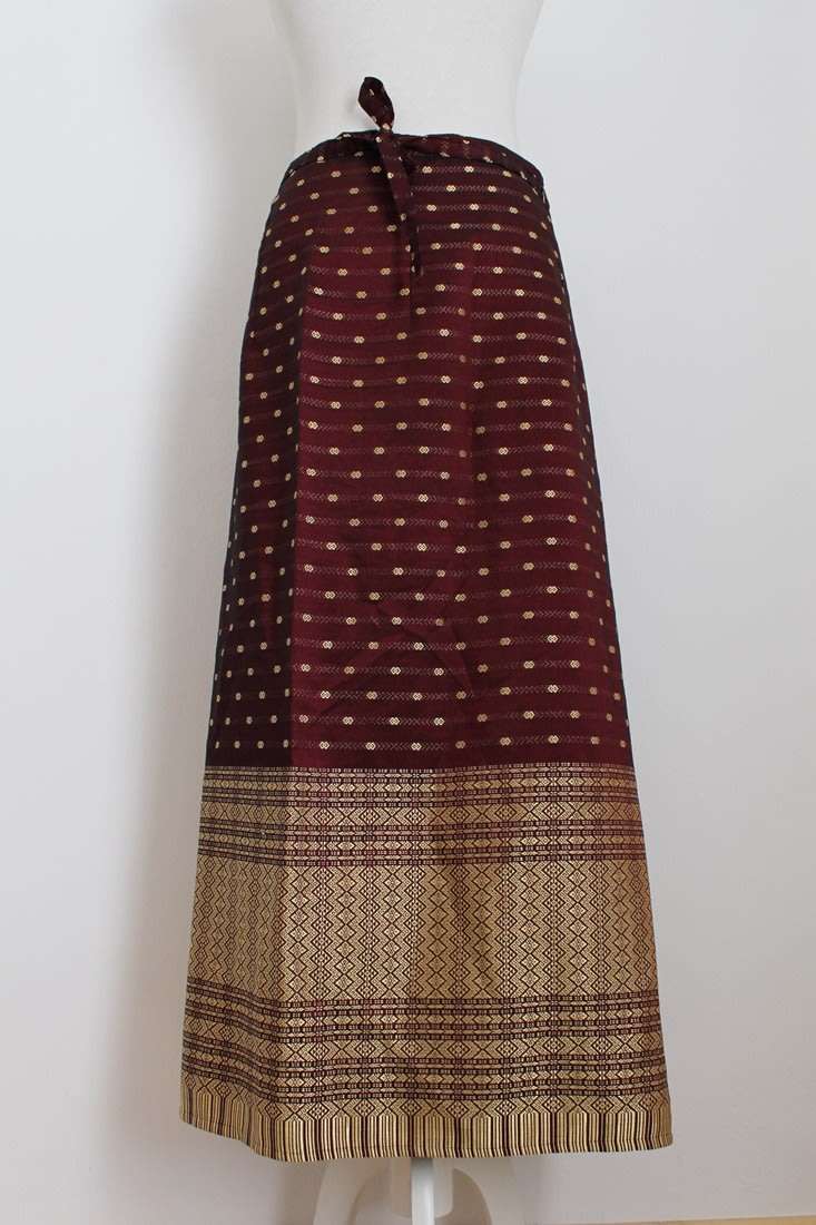 VINTAGE THAI SILK GOLD MAROON WRAP SKIRT - SIZE M