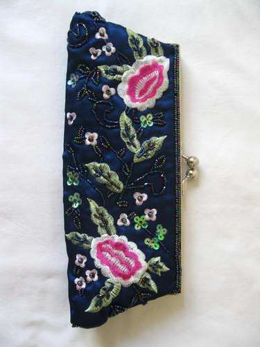 **CLEARANCE SALE** NAVY FLORAL EMBROIDERED BRIDAL PROM EVENING SATIN BEADED CLUTCH BAG