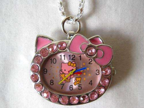 HELLO KITTY PINK CRYSTAL DIAMANTE FACE NECKLACE POCKET LADIES GIRLS WATCH