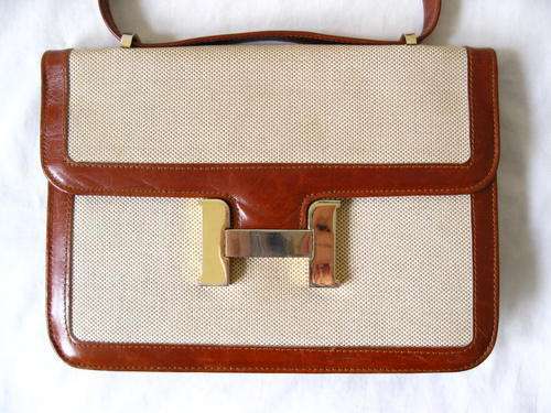 VINTAGE BEIGE CANVAS LEATHER TRIM SHOULDER HANDBAG