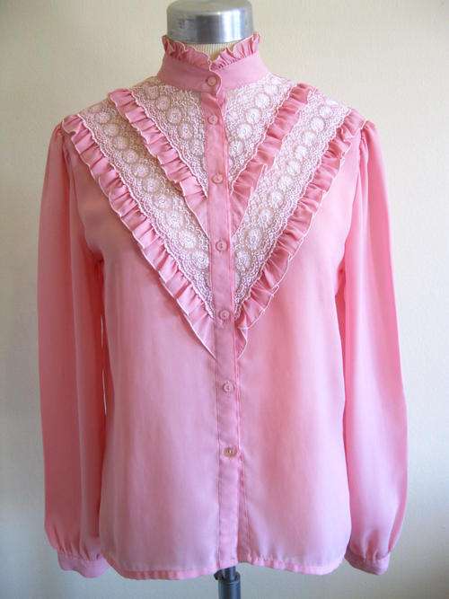 VINTAGE ROSE PINK LACE SHEER RUFFLE VICTORIAN STYLE BLOUSE SHIRT TOP - SIZE 36
