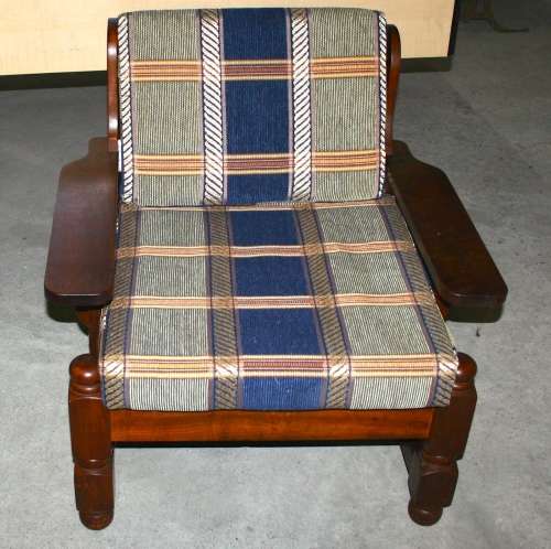A STUNNING IMBUIA 70'S STYLE CHAIR NEWLY UPHOLSTERED