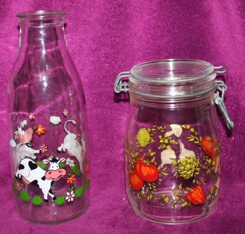 TWO BEAUTIFUL DECORATED KITCHEN BOTTLES - A MILK BOTTLE AND SEALABLE KITCHEN JAR