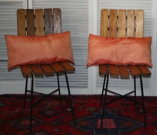 TWO FANTASTIC SLATTED BACK WOODEN & STEEL VINTAGE KITCHEN CHAIRS RETRO CICK!!!