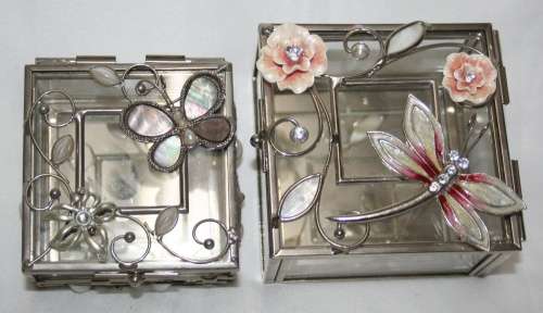 TWO GORGEOUS STEEL/GLASS/MIRROR TRINKET BOXES WITH BUTTERFLY STUNNING
