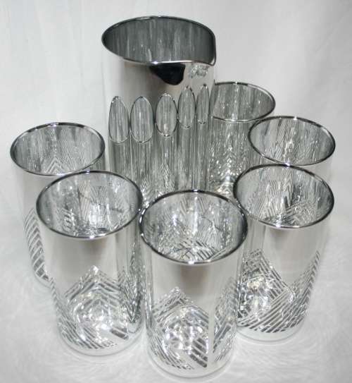 WOW Silver Hi Ball glasses, six tall silver glasses with a decanter, Kimiko barware glassware