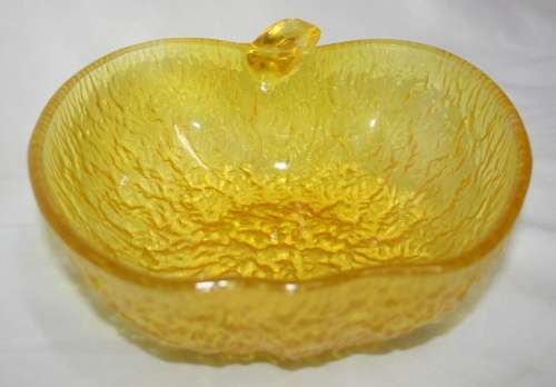 Wonderful mid century yellow art glass dish with beautiful bark/ice effect glass design. Apple shape