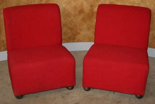 TWO VIBRANT RED SOFA CHAIRS WITH ROUN WOODEN FEET - STUNNING!!!