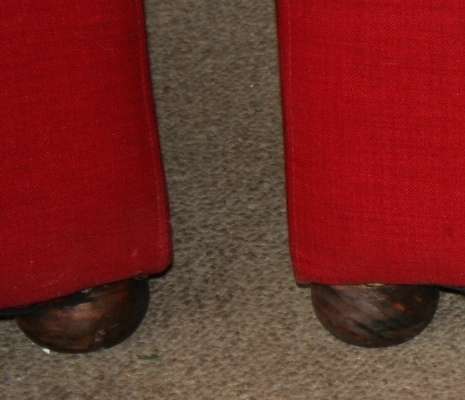 TWO VIBRANT RED SOFA CHAIRS WITH ROUN WOODEN FEET - STUNNING!!!