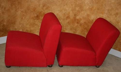 TWO VIBRANT RED SOFA CHAIRS WITH ROUN WOODEN FEET - STUNNING!!!