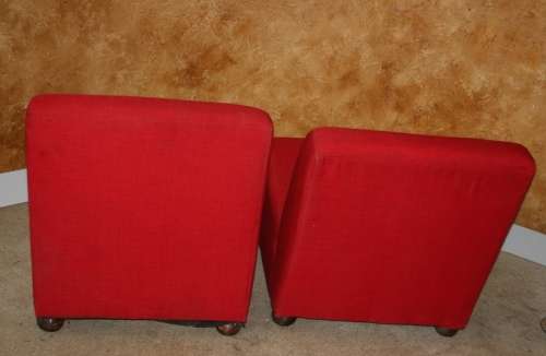 TWO VIBRANT RED SOFA CHAIRS WITH ROUN WOODEN FEET - STUNNING!!!