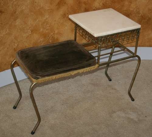 A STYLISH VINTAGE TELEPHONE TABLE WITH ORIGINAL FABRIC AND A GRANITE TOP - STUNNING!!