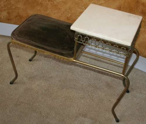 A STYLISH VINTAGE TELEPHONE TABLE WITH ORIGINAL FABRIC AND A GRANITE TOP - STUNNING!!
