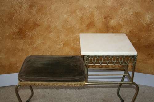 A STYLISH VINTAGE TELEPHONE TABLE WITH ORIGINAL FABRIC AND A GRANITE TOP - STUNNING!!