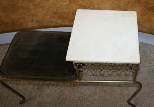 A STYLISH VINTAGE TELEPHONE TABLE WITH ORIGINAL FABRIC AND A GRANITE TOP - STUNNING!!