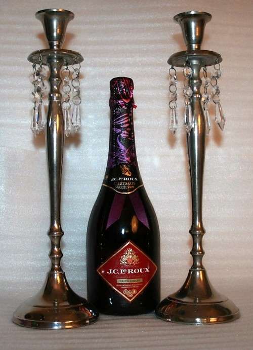 Two Spectacular Silver Metal Tall Candle Holders with stunning "crystal like" deco