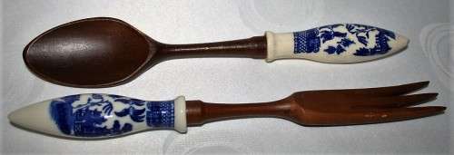 ABSOLUTELY GORGEOUS WOODEN SPOON AND FORK WITH DELFT? HANDLES - BID PER EACH