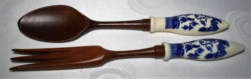 ABSOLUTELY GORGEOUS WOODEN SPOON AND FORK WITH DELFT? HANDLES - BID PER EACH