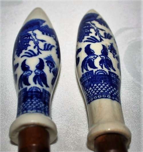 ABSOLUTELY GORGEOUS WOODEN SPOON AND FORK WITH DELFT? HANDLES - BID PER EACH