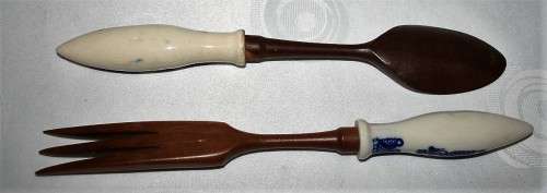 ABSOLUTELY GORGEOUS WOODEN SPOON AND FORK WITH DELFT? HANDLES - BID PER EACH