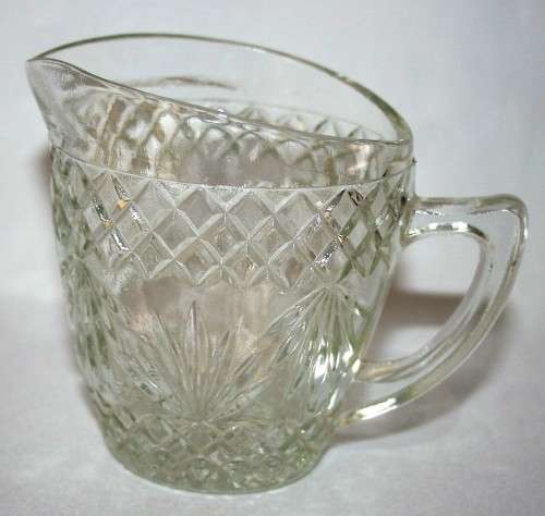 Vintage Milk Jug. Antique Glass Creamer. Antique Glass Oval Jug in geometric cut glass.