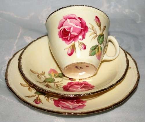 A Spectacular Royal Swan Trio Set. Beautiful creamy yellow background with gold roped edge around!