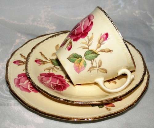 A Spectacular Royal Swan Trio Set. Beautiful creamy yellow background with gold roped edge around!