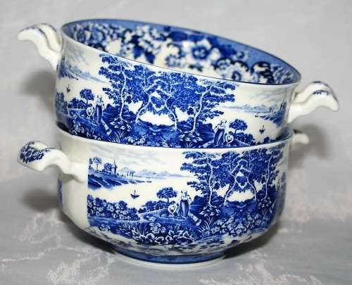 This is a William James English Porcelain Soup Bowls. The blue and white colors are of two people