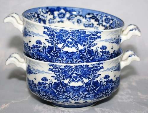 This is a William James English Porcelain Soup Bowls. The blue and white colors are of two people