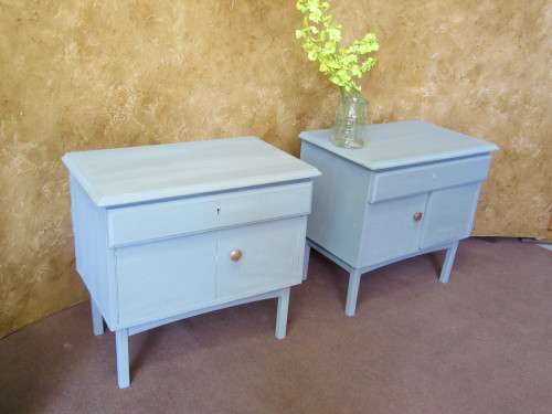 TWO MARVELOUS VINTAGE BED SIDE CABINETS FINISHED IN A DUCK EGG CHALK PAINT BID PER EACH
