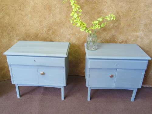 TWO MARVELOUS VINTAGE BED SIDE CABINETS FINISHED IN A DUCK EGG CHALK PAINT BID PER EACH