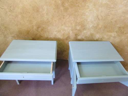 TWO MARVELOUS VINTAGE BED SIDE CABINETS FINISHED IN A DUCK EGG CHALK PAINT BID PER EACH
