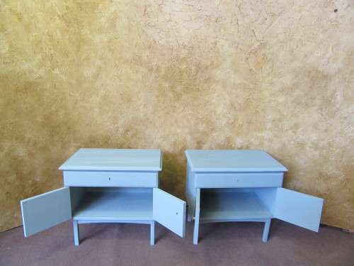 TWO MARVELOUS VINTAGE BED SIDE CABINETS FINISHED IN A DUCK EGG CHALK PAINT BID PER EACH
