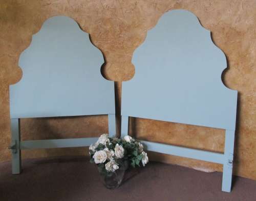 TWO MARVELOUS SINGLE HEAD BOARDS WITH A STUNNING SHAPE FINISHED IN A DUCK EGG CHALK PAINT - BID P/E