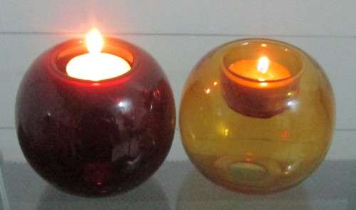 TWO FANTASTIC LARGE ROUND COLORED TEA LIGHT CANDLE HOLDERS BID PER EACH