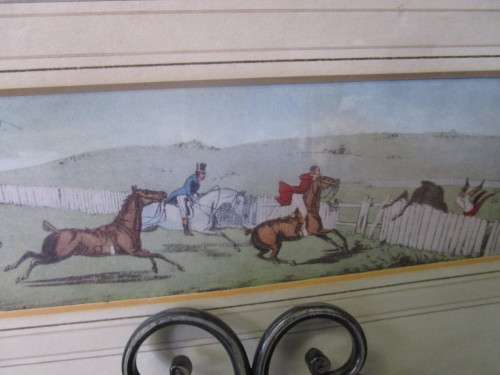 A MARVELOUS HUNTING WITH HORSES AND HOUNDS ANTIQUE SPORTING SCENE PRINT BEHIND GLASS