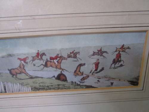 A MARVELOUS HUNTING WITH HORSES AND HOUNDS ANTIQUE SPORTING SCENE PRINT BEHIND GLASS