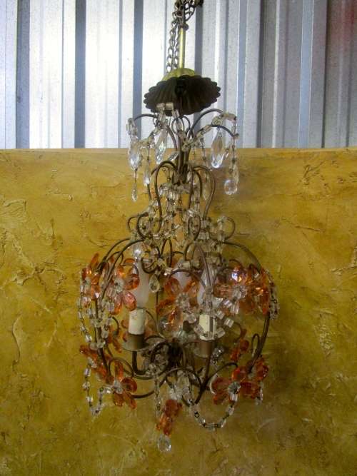 ANTIQUE FRENCH STYLE VINTAGE BRASS BASKET EMPIRE ROUND STYLE MIXURE OF CRYSTAL  & SYNTHETIC CHANDELI