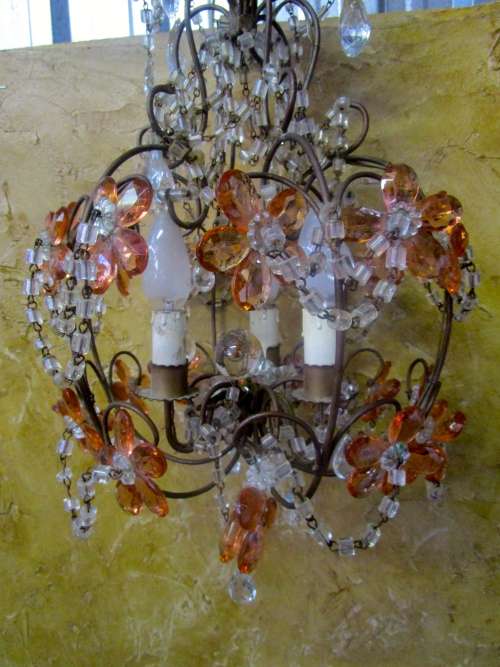 ANTIQUE FRENCH STYLE VINTAGE BRASS BASKET EMPIRE ROUND STYLE MIXURE OF CRYSTAL  & SYNTHETIC CHANDELI