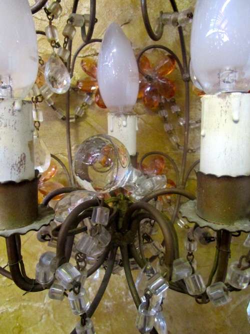 ANTIQUE FRENCH STYLE VINTAGE BRASS BASKET EMPIRE ROUND STYLE MIXURE OF CRYSTAL  & SYNTHETIC CHANDELI