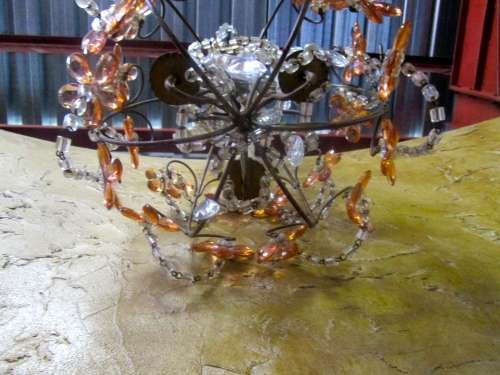 ANTIQUE FRENCH STYLE VINTAGE BRASS BASKET EMPIRE ROUND STYLE MIXURE OF CRYSTAL  & SYNTHETIC CHANDELI