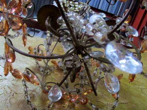 ANTIQUE FRENCH STYLE VINTAGE BRASS BASKET EMPIRE ROUND STYLE MIXURE OF CRYSTAL  & SYNTHETIC CHANDELI